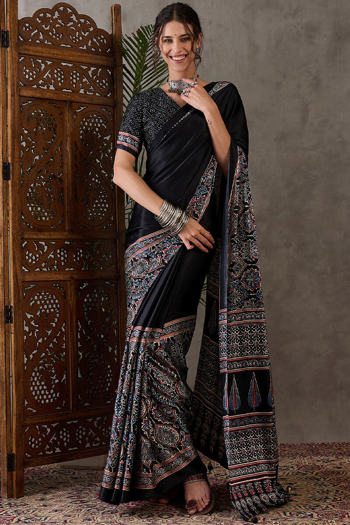 Signature Black Ajrakh Printed Satin Silk Saree