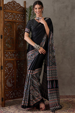 Signature Black Ajrakh Printed Satin Silk Saree