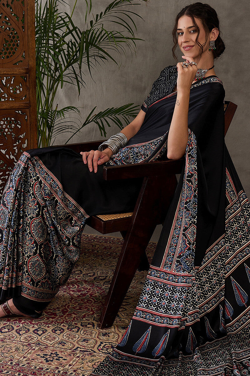 Signature Black Ajrakh Printed Satin Silk Saree