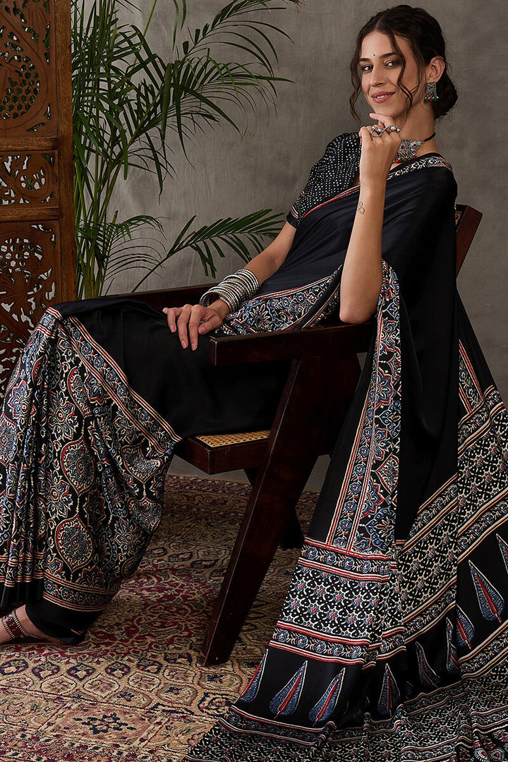 Signature Black Ajrakh Printed Satin Silk Saree