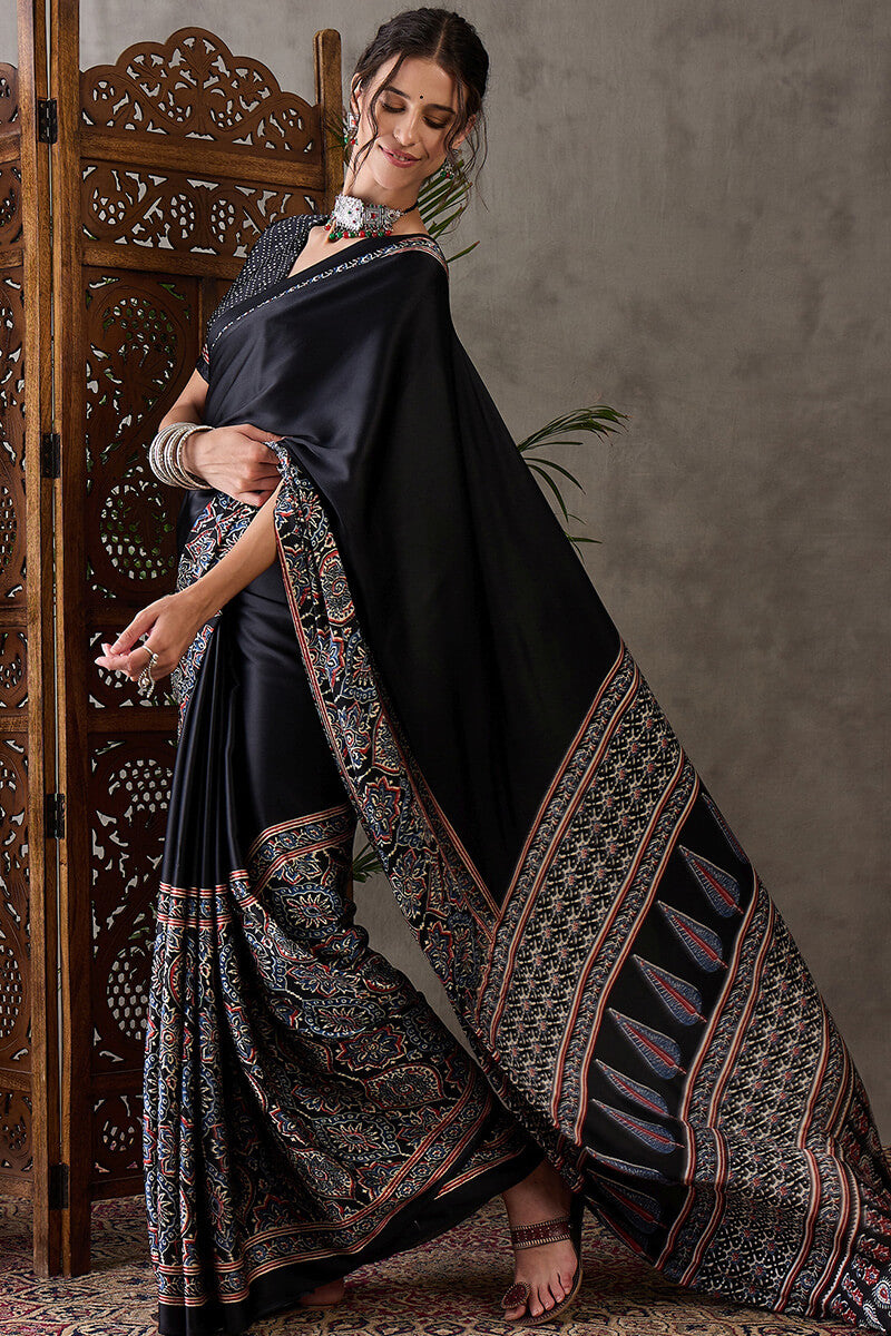 Signature Black Ajrakh Printed Satin Silk Saree