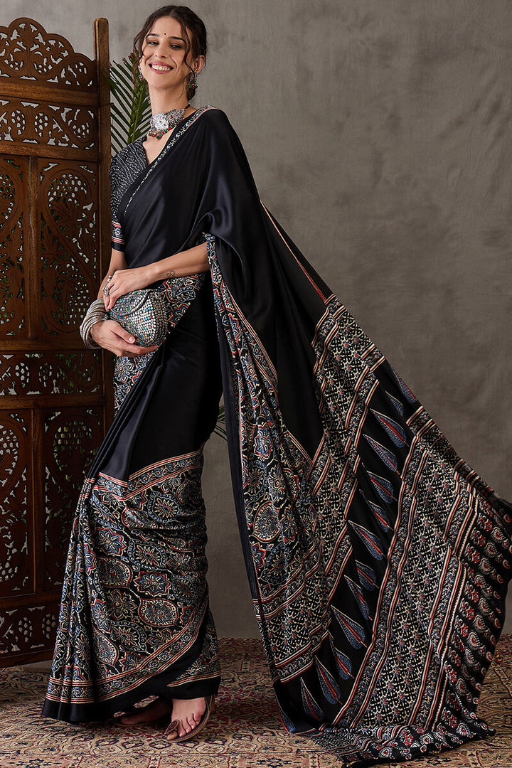 Signature Black Ajrakh Printed Satin Silk Saree
