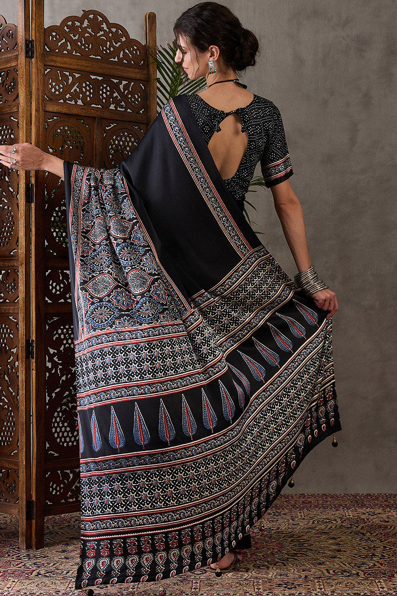 Signature Black Ajrakh Printed Satin Silk Saree