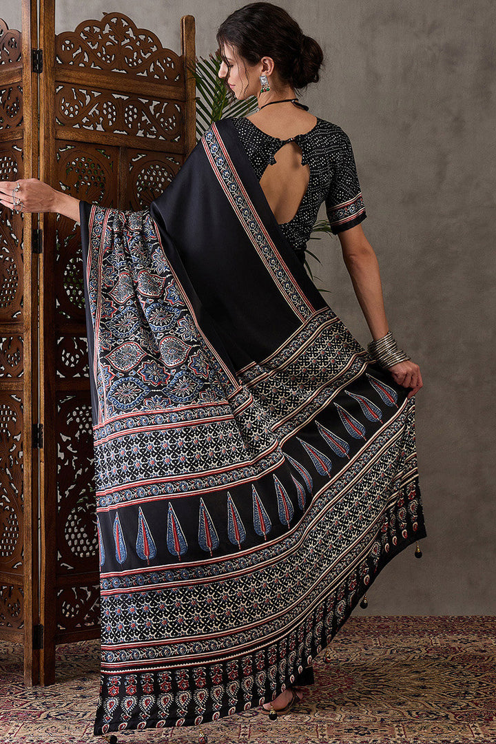 Signature Black Ajrakh Printed Satin Silk Saree