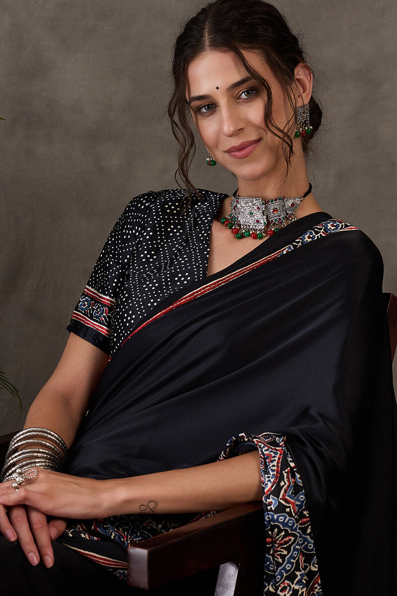 Signature Black Ajrakh Printed Satin Silk Saree