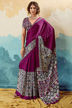 Siren Purple Ajrakh Printed Satin Silk Saree
