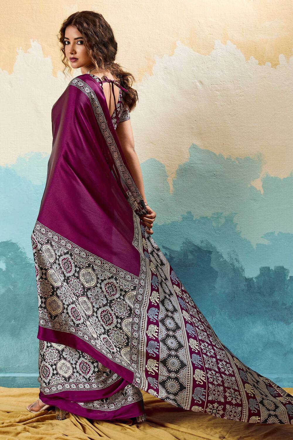 Siren Purple Ajrakh Printed Satin Silk Saree