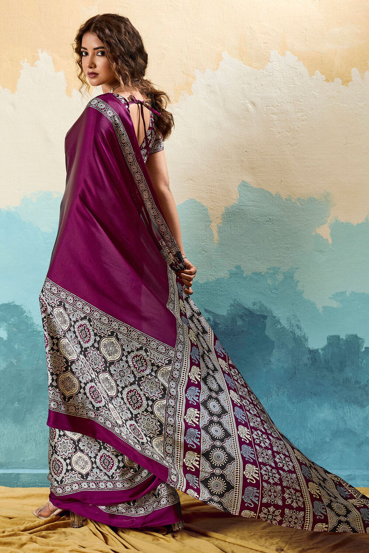 Siren Purple Ajrakh Printed Satin Silk Saree
