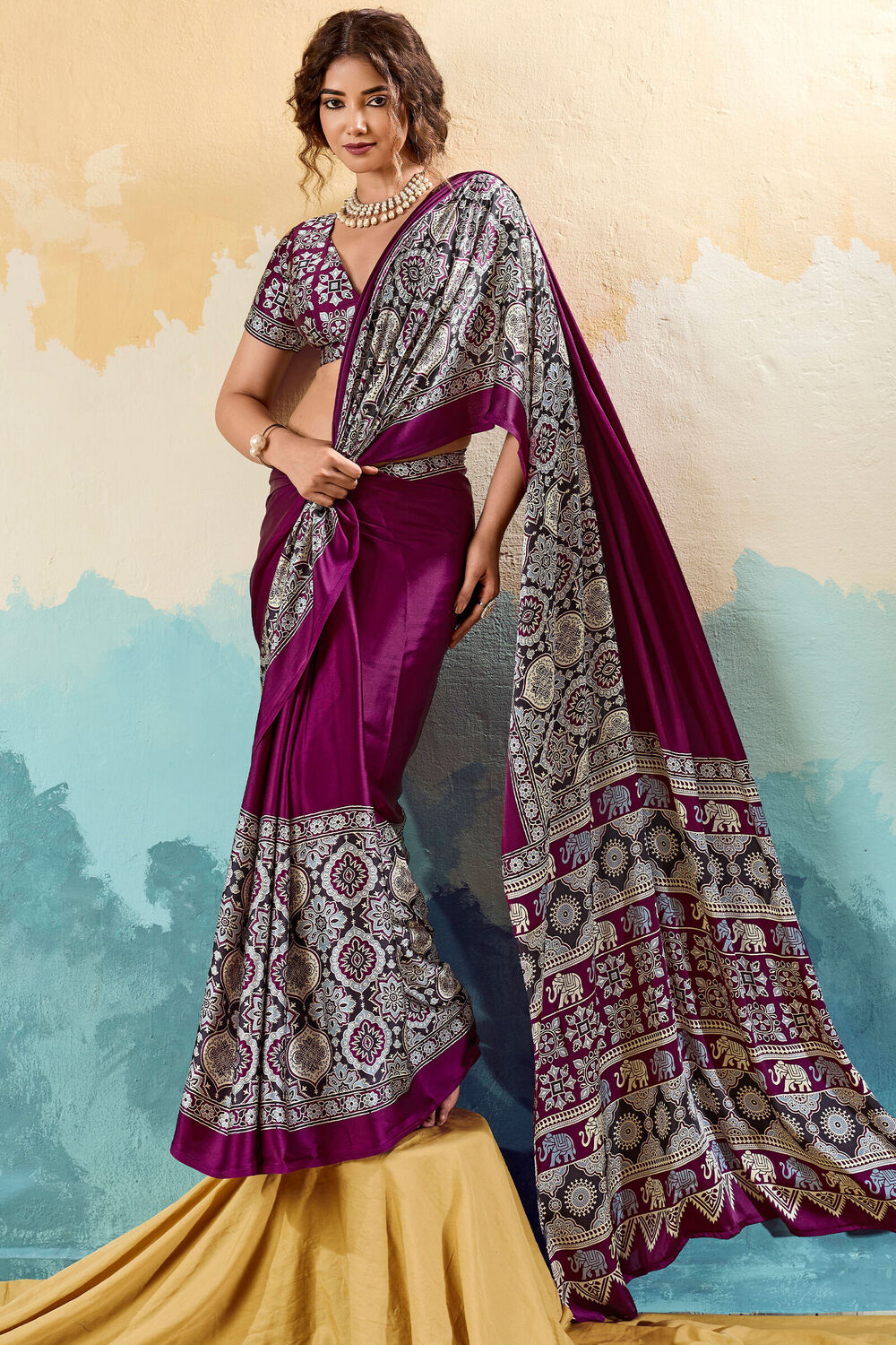 Siren Purple Ajrakh Printed Satin Silk Saree