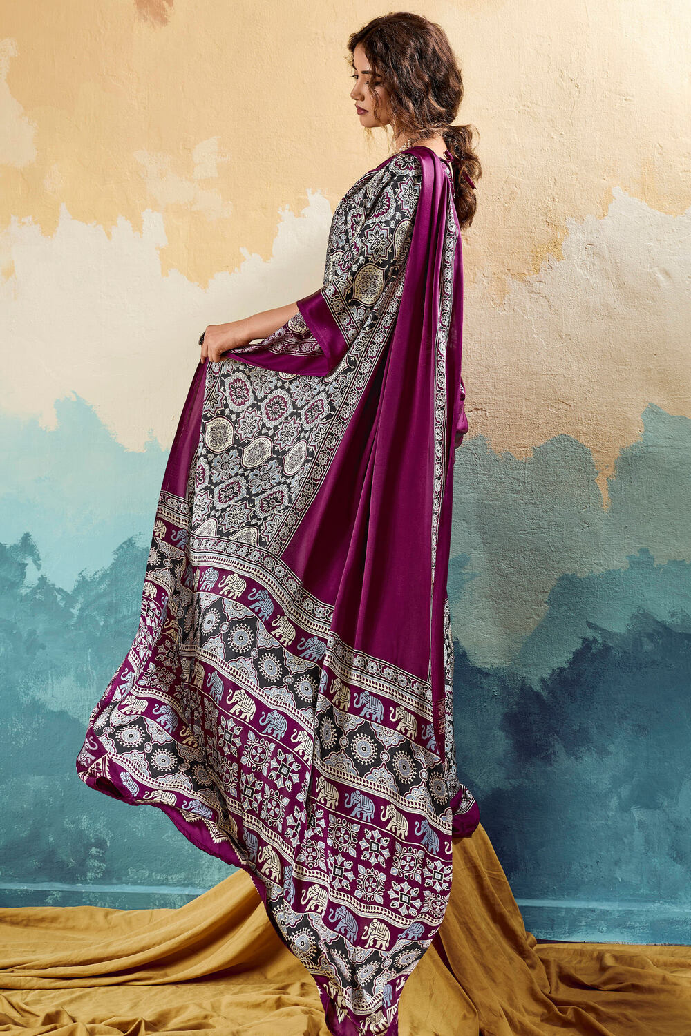 Siren Purple Ajrakh Printed Satin Silk Saree