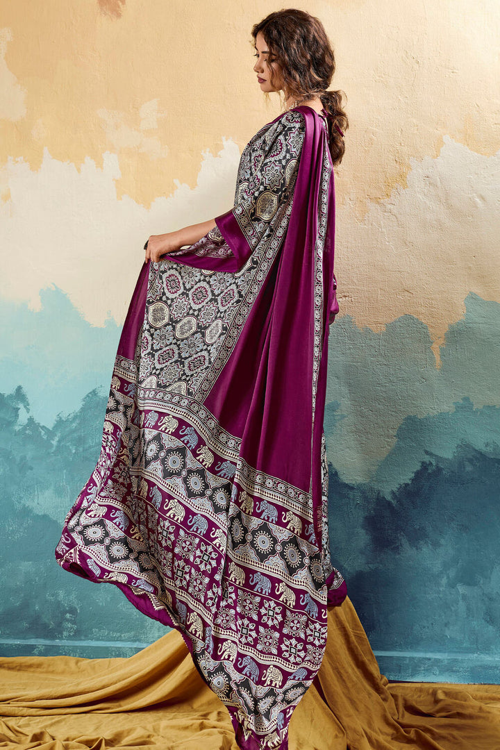 Siren Purple Ajrakh Printed Satin Silk Saree