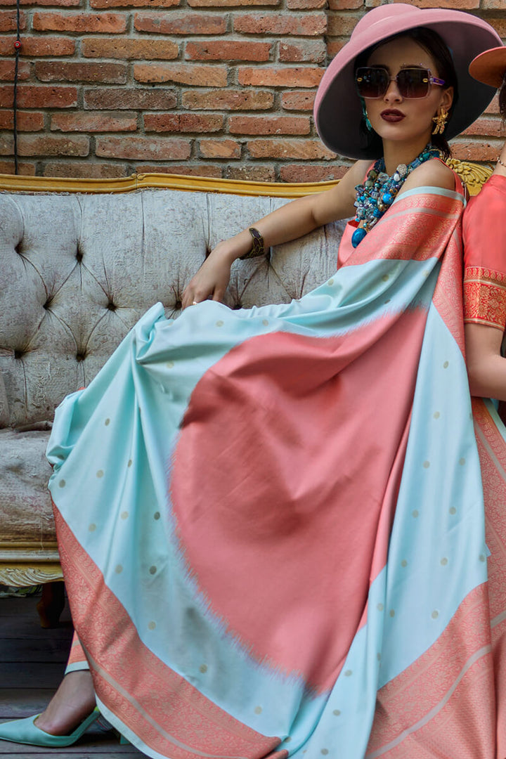 Sky and Pink Woven Soft Banarasi Silk Saree