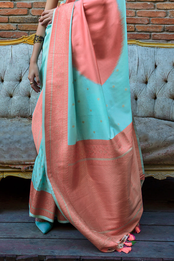 Sky and Pink Woven Soft Banarasi Silk Saree