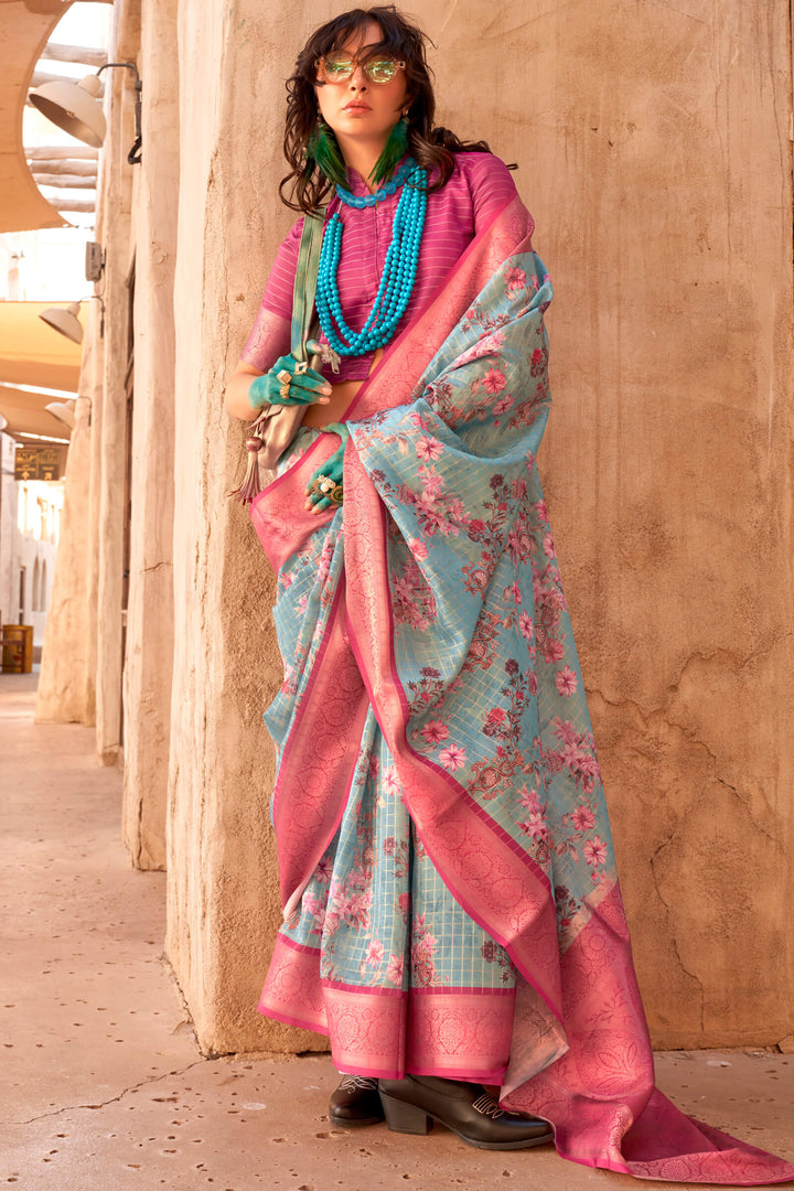 Sky and Pink Zari Woven Printed Georgette saree