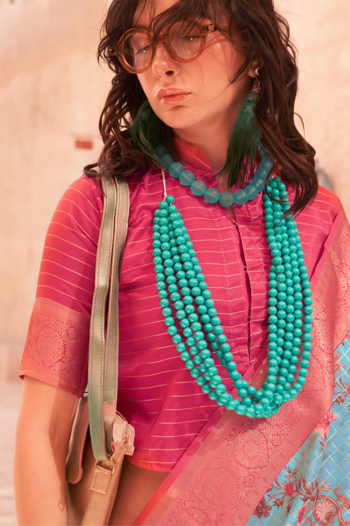 Sky and Pink Zari Woven Printed Georgette saree