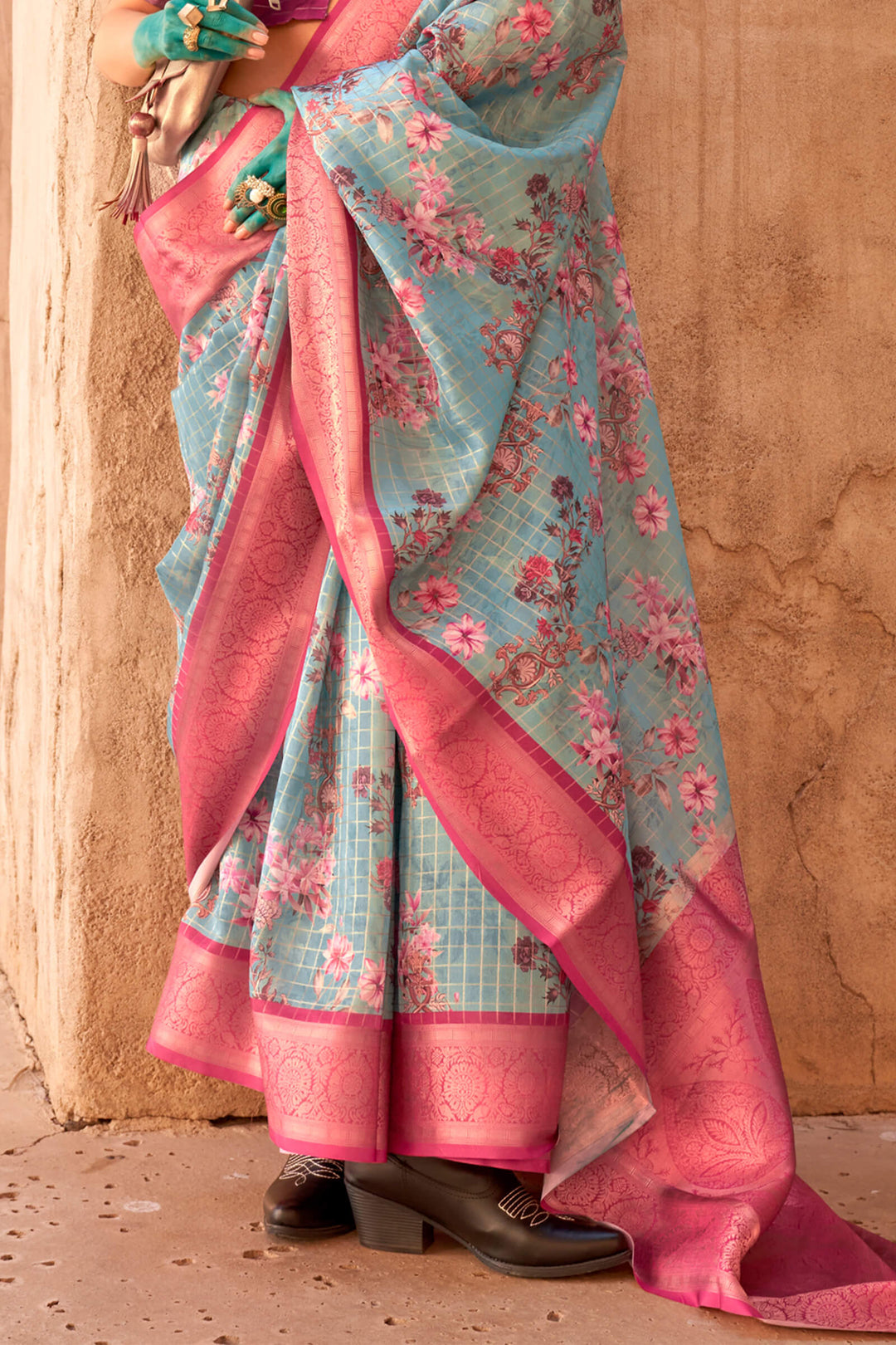 Sky and Pink Zari Woven Printed Georgette saree