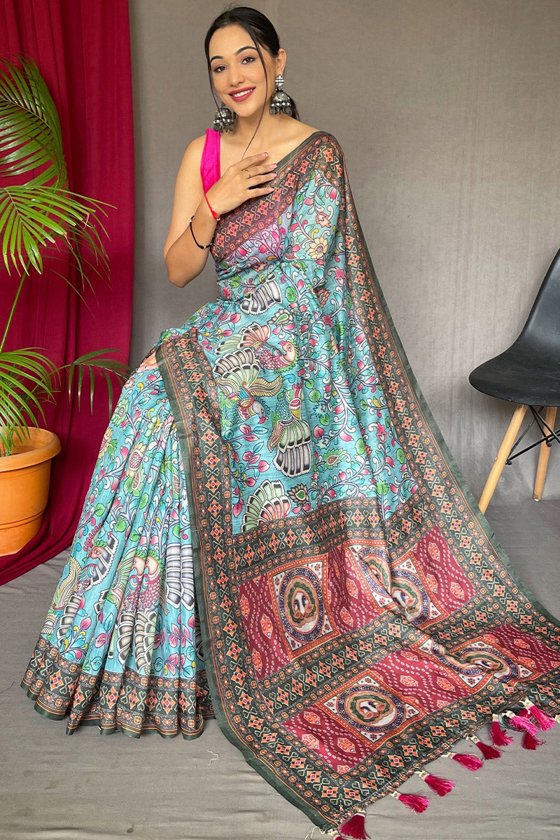 Sky Blue Kalamkari Printed Cotton Saree