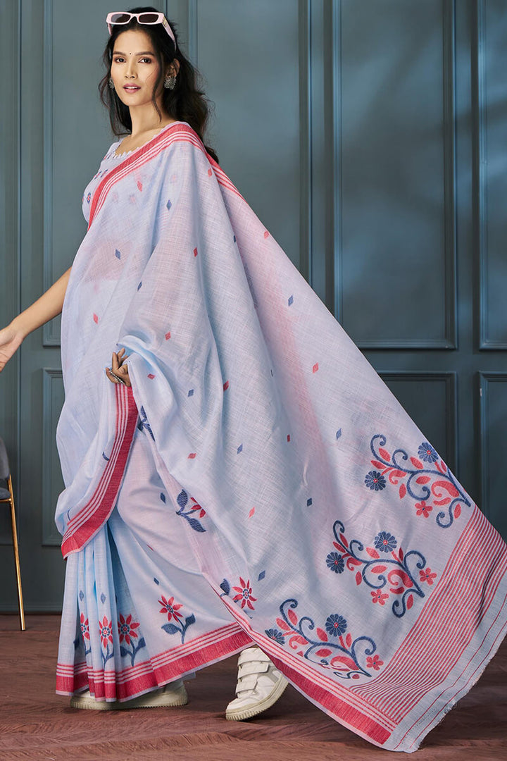 Sky Blue Soft Linen Silk Saree