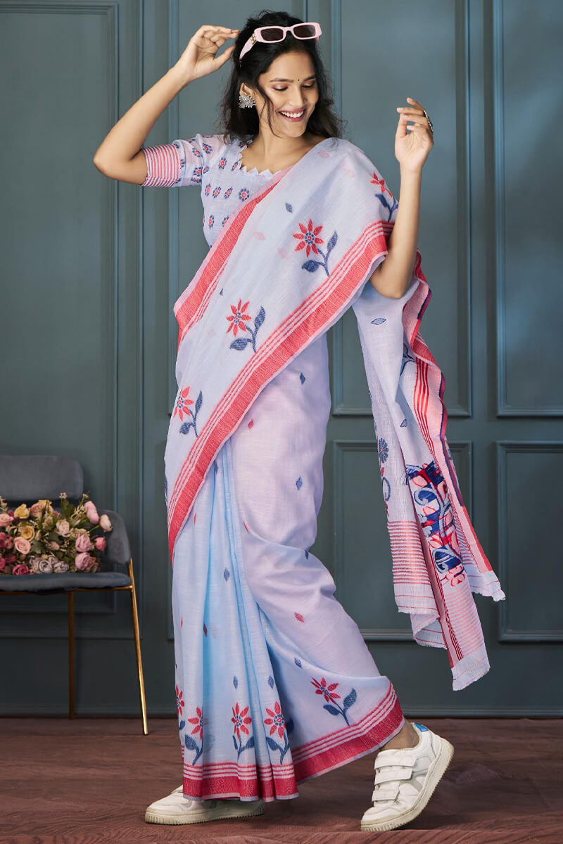 Sky Blue Soft Linen Silk Saree