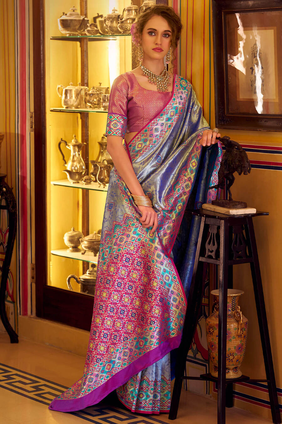 Slate Blue Patola Tissue Silk Saree