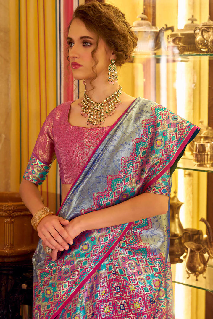 Slate Blue Patola Tissue Silk Saree
