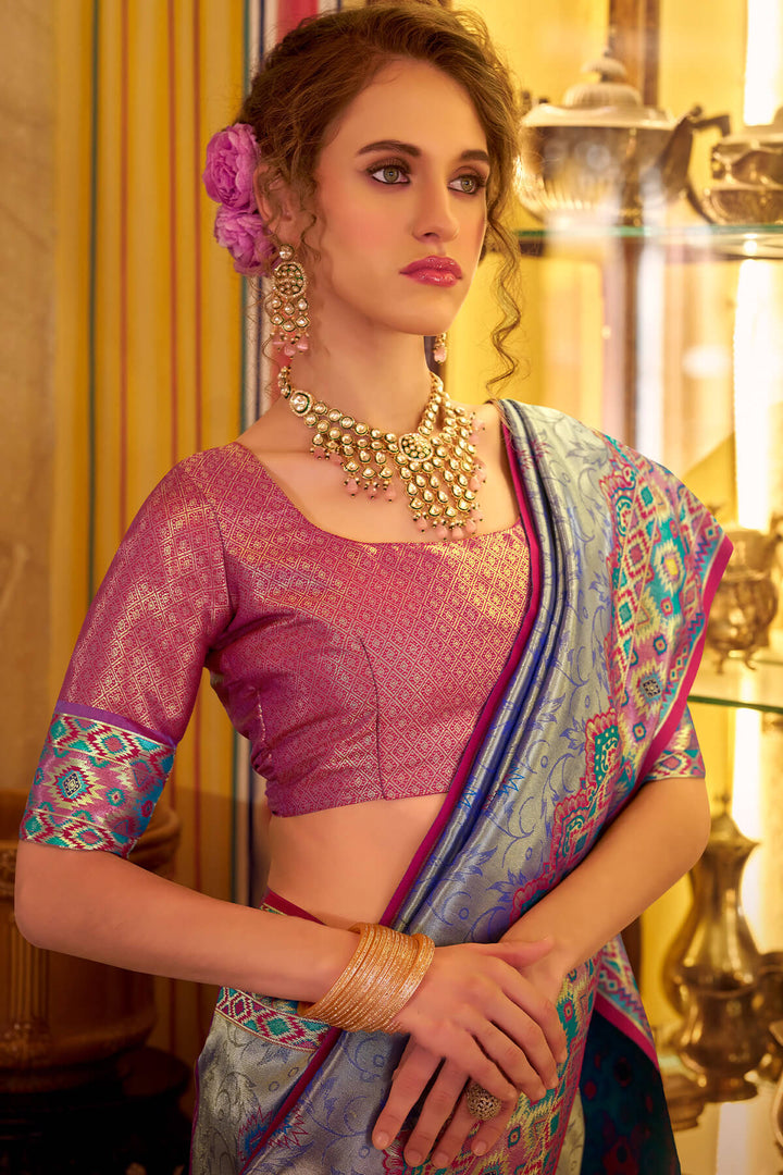 Slate Blue Patola Tissue Silk Saree