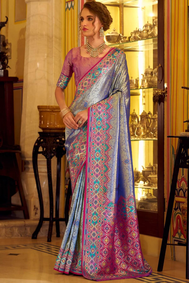 Slate Blue Patola Tissue Silk Saree