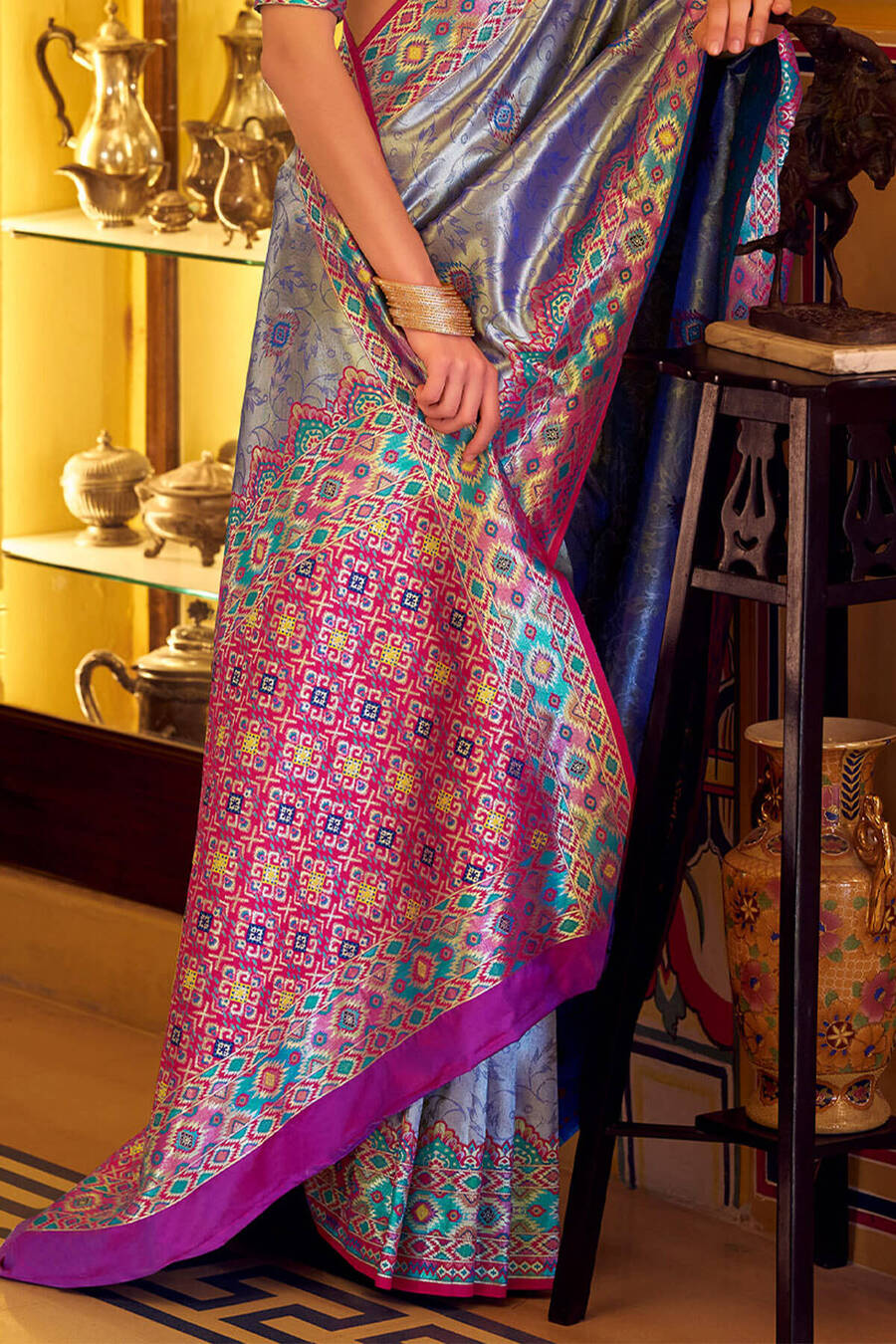 Slate Blue Patola Tissue Silk Saree