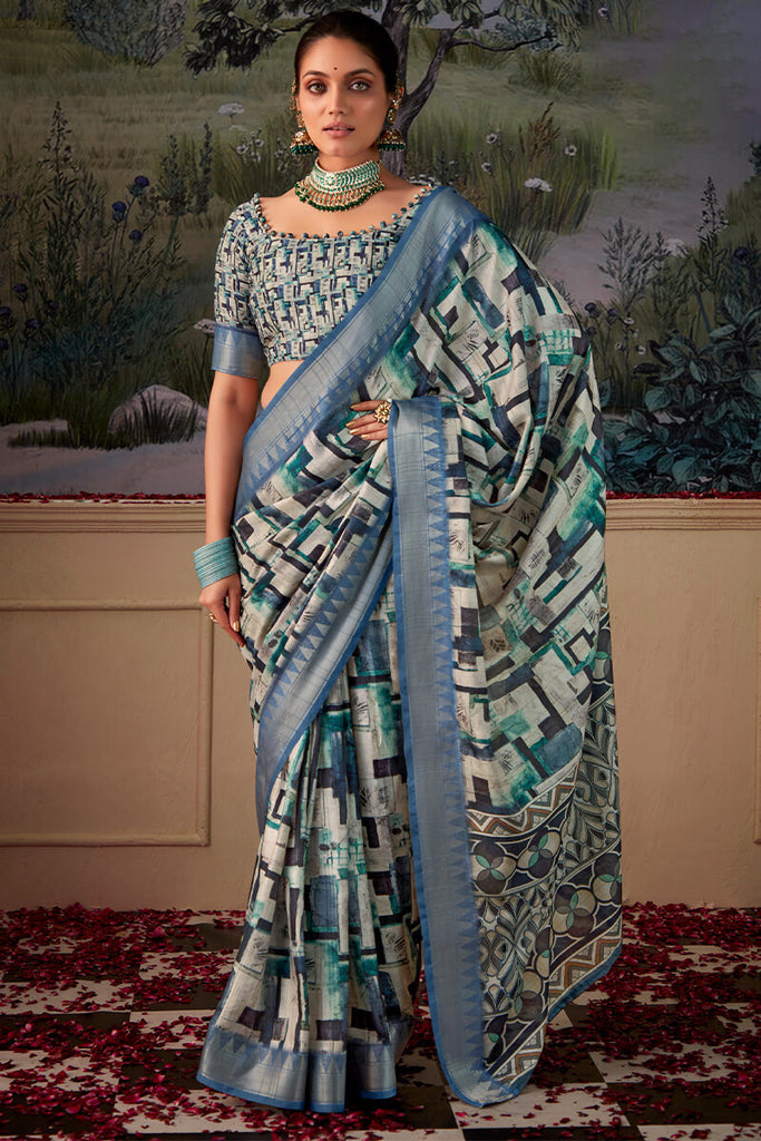 Slate Blue Printed Tussar Silk Saree