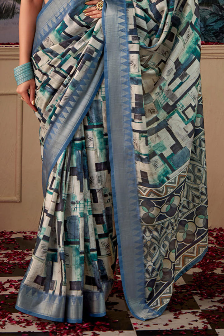 Slate Blue Printed Tussar Silk Saree