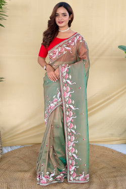 Slate Green Embroiedery Work Two Tone Silk Saree