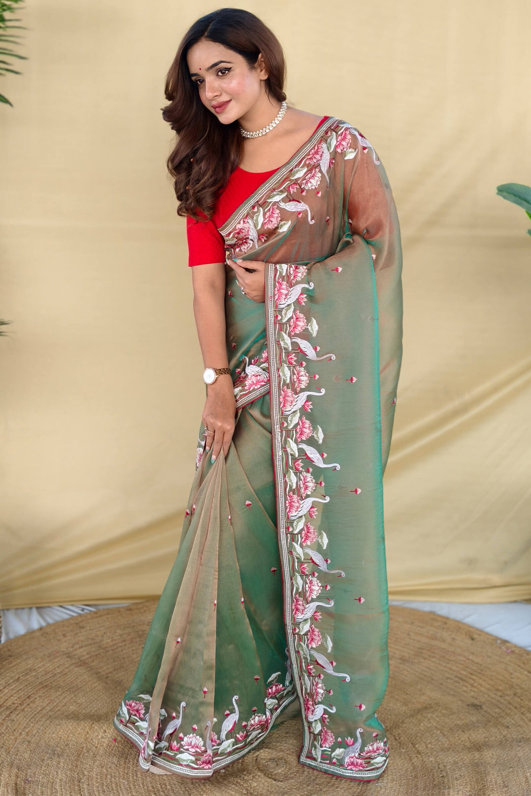 Slate Green Embroiedery Work Two Tone Silk Saree