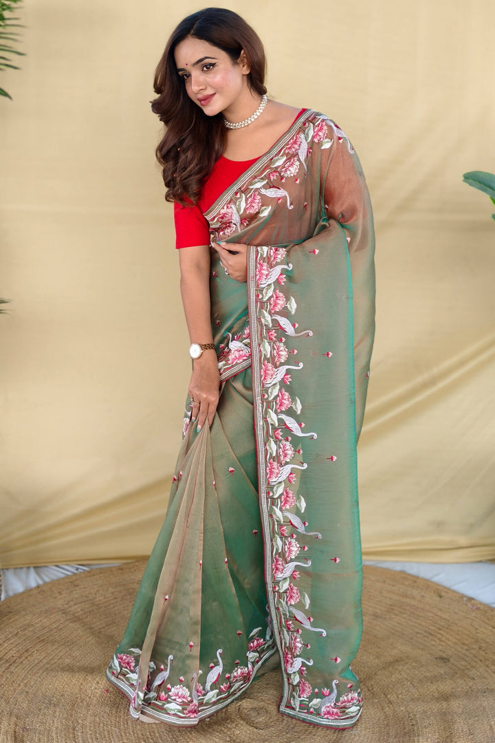 Slate Green Embroiedery Work Two Tone Silk Saree
