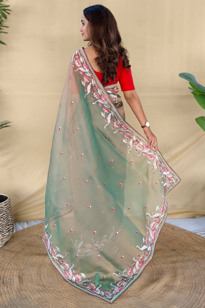 Slate Green Embroiedery Work Two Tone Silk Saree