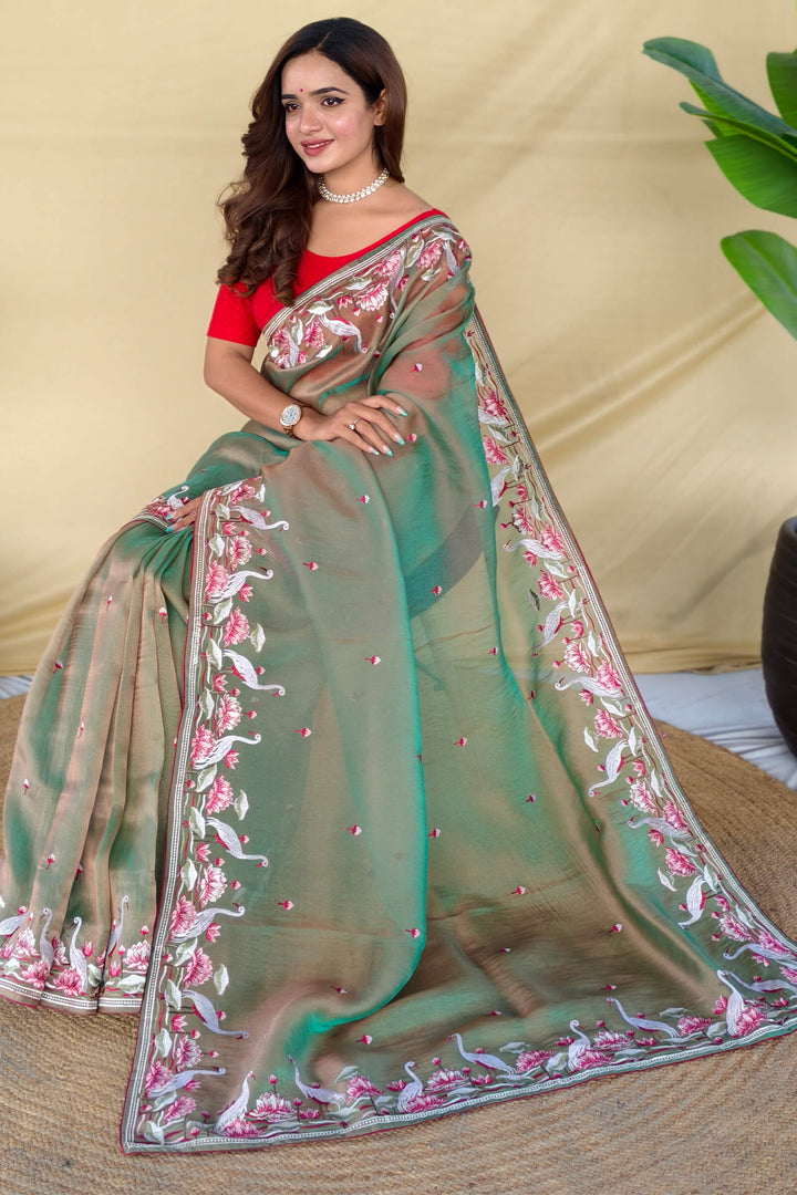Slate Green Embroiedery Work Two Tone Silk Saree