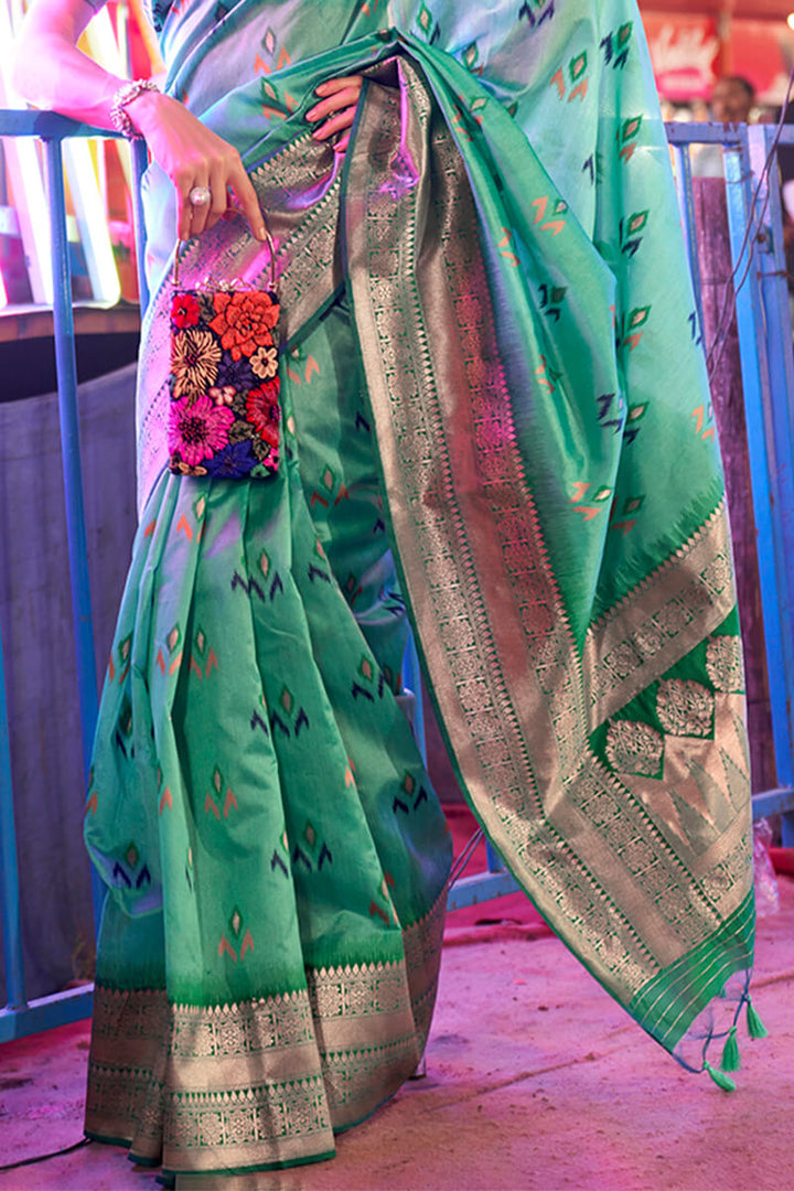 Slate Green Handloom Woven Soft Banarasi Silk Saree