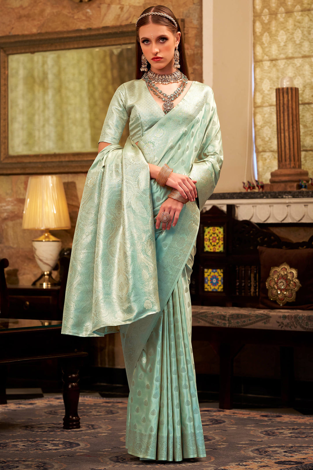 Slate Green Yellow Banarasi Satin Silk Saree
