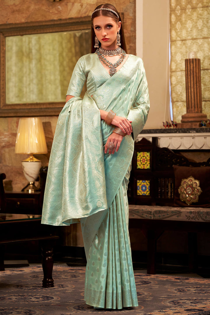 Slate Green Yellow Banarasi Satin Silk Saree