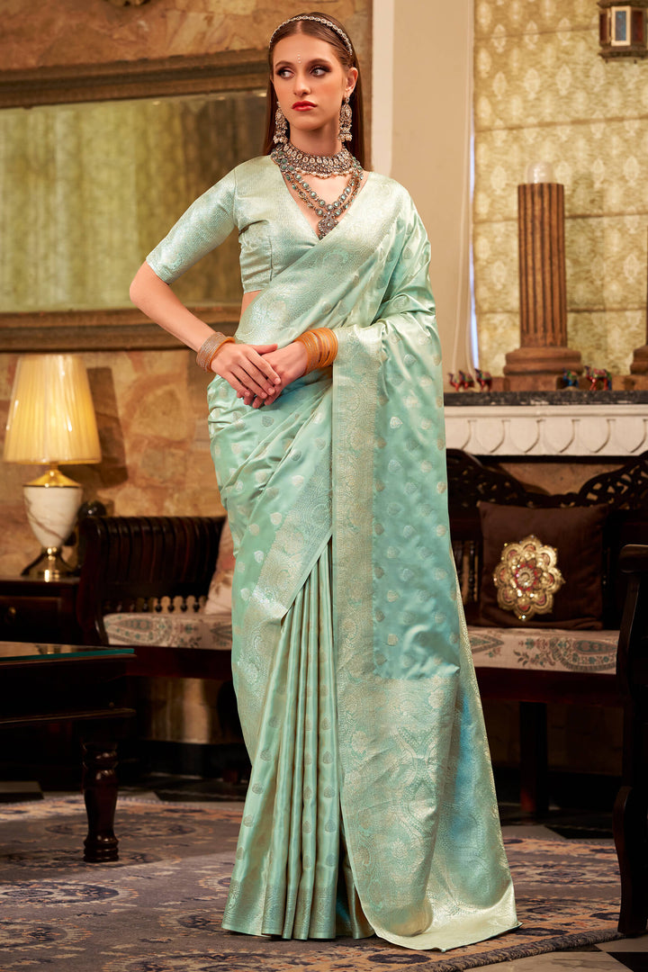 Slate Green Yellow Banarasi Satin Silk Saree