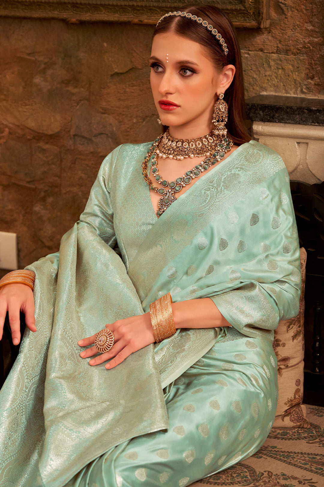 Slate Green Yellow Banarasi Satin Silk Saree