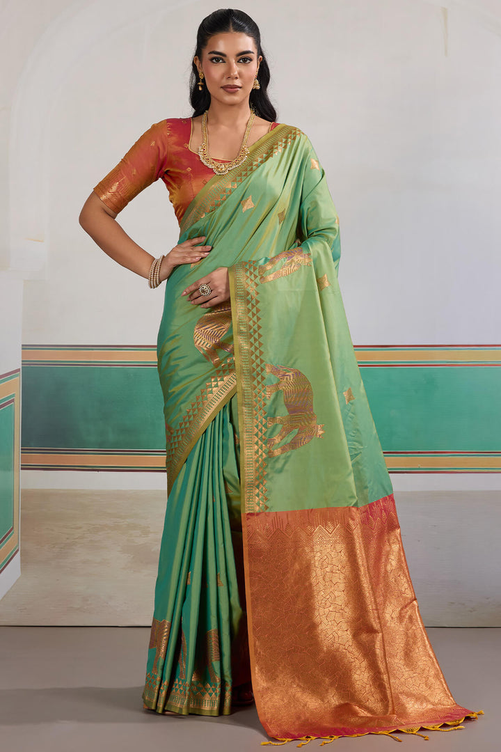 Slate Green Zari Woven Banarasi Silk Saree