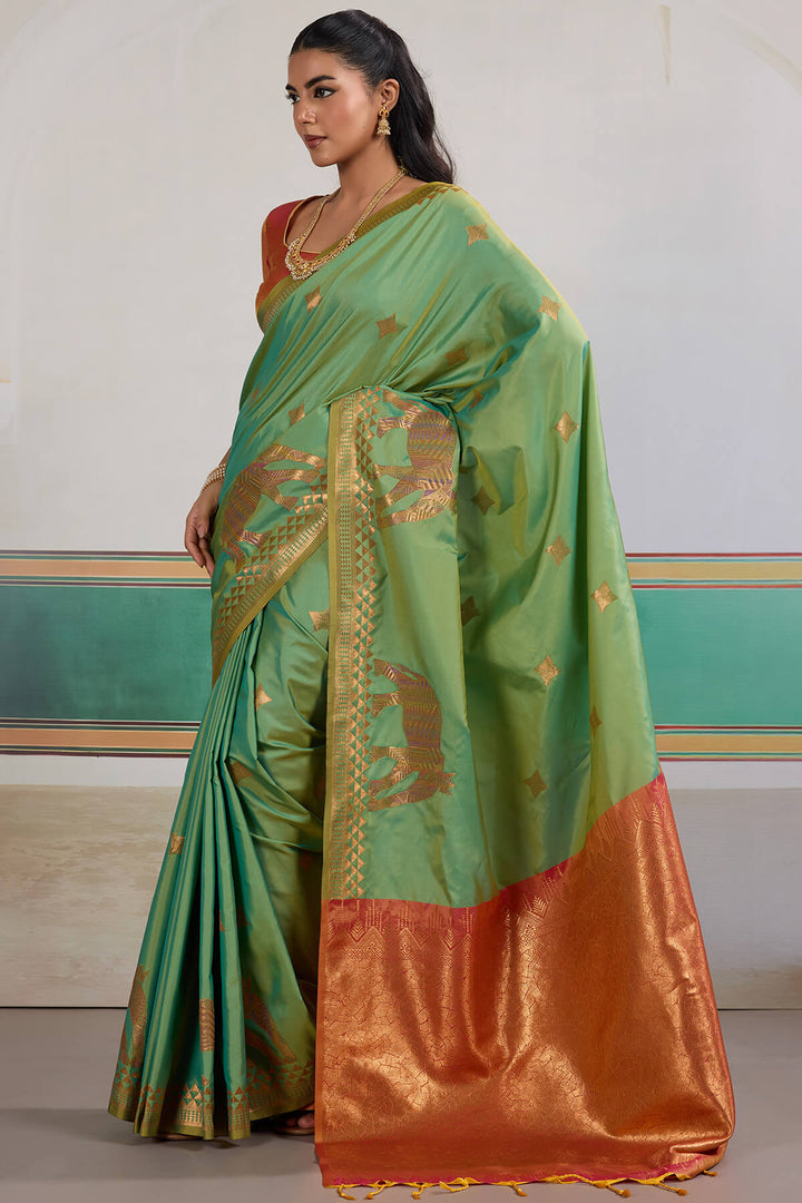 Slate Green Zari Woven Banarasi Silk Saree