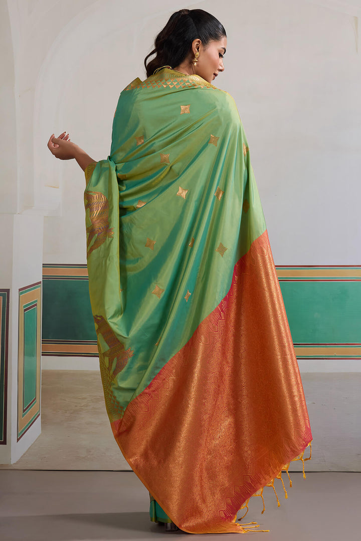 Slate Green Zari Woven Banarasi Silk Saree