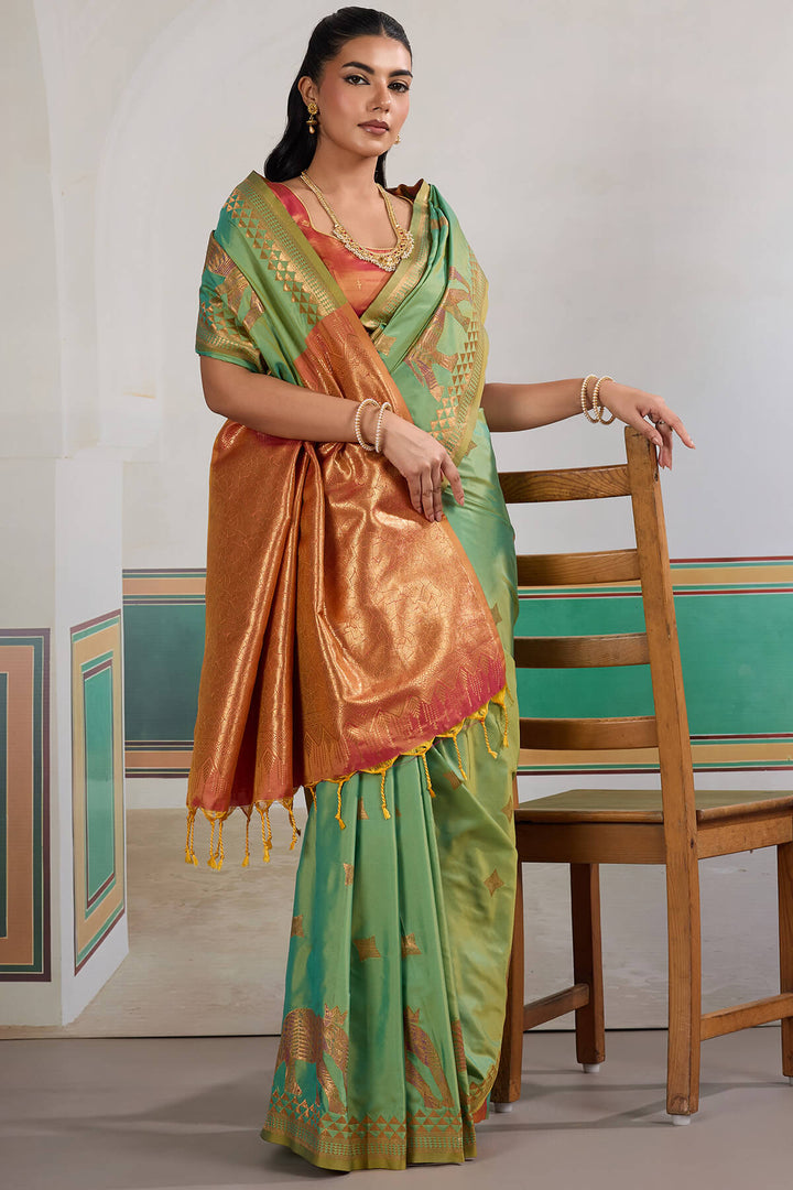 Slate Green Zari Woven Banarasi Silk Saree