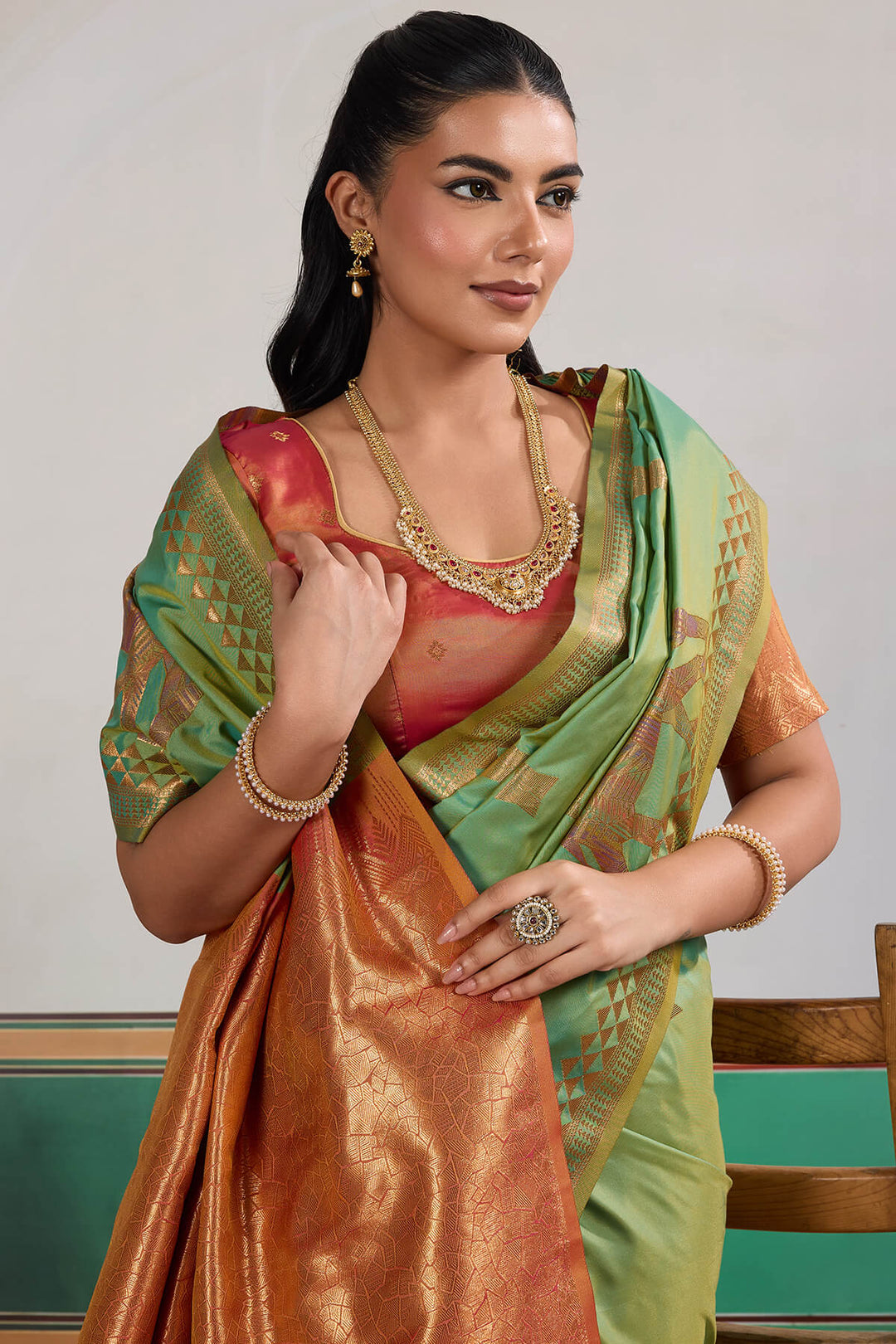 Slate Green Zari Woven Banarasi Silk Saree