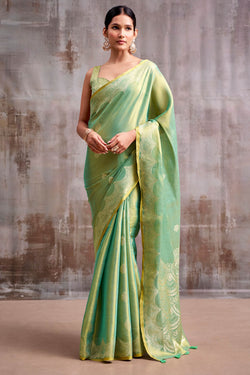 Slate Green Zari Woven Banarasi Tissue Silk Saree