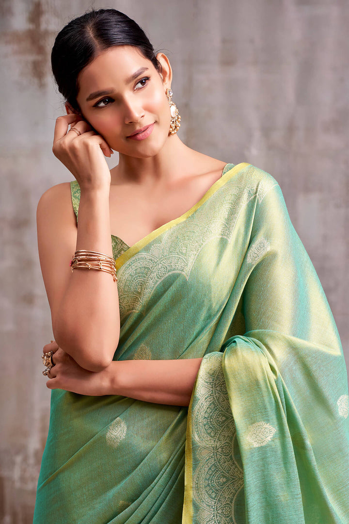 Slate Green Zari Woven Banarasi Tissue Silk Saree