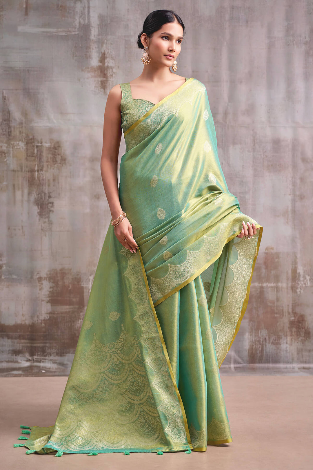 Slate Green Zari Woven Banarasi Tissue Silk Saree