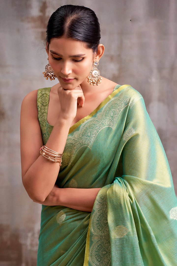 Slate Green Zari Woven Banarasi Tissue Silk Saree