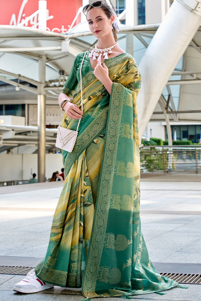 Slate Green Zari Woven Printed Soft Silk Saree